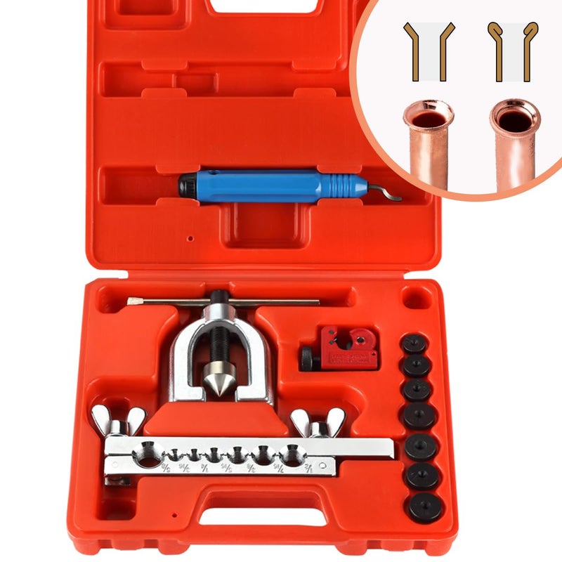 Wostore Double Flaring Tool Kit for 45Â° Single Double Flares with 7 Adapters, Brake Flare Tool with Tube Cutter Deburring Tool for Copper Brake Line, Hydraulic System, Copper Tubing Flare Kit - Image 1